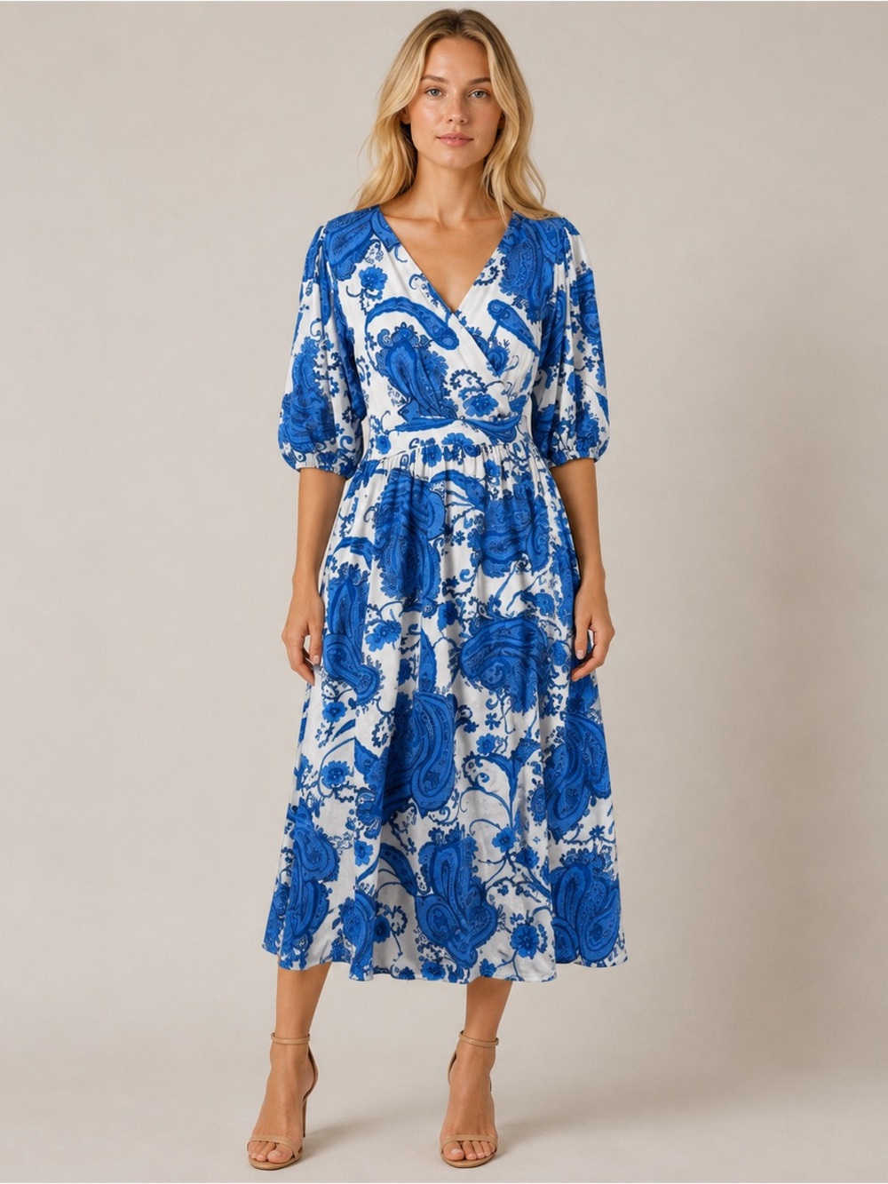 White Closet Blue Floral Paisley Puff Sleeve Midi Dress V-Neck Wrap Boho Size L